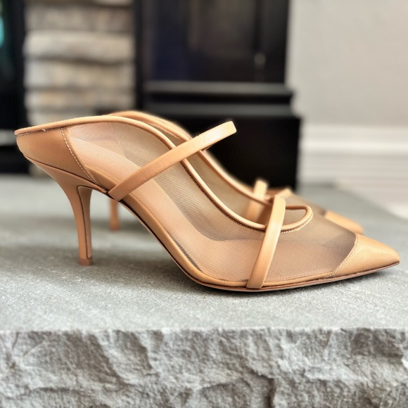Malone Souliers MAUREEN 70 Nude/Cashew Beige MESH MULES Pointed Toe Double Strap - Picture 1 of 12